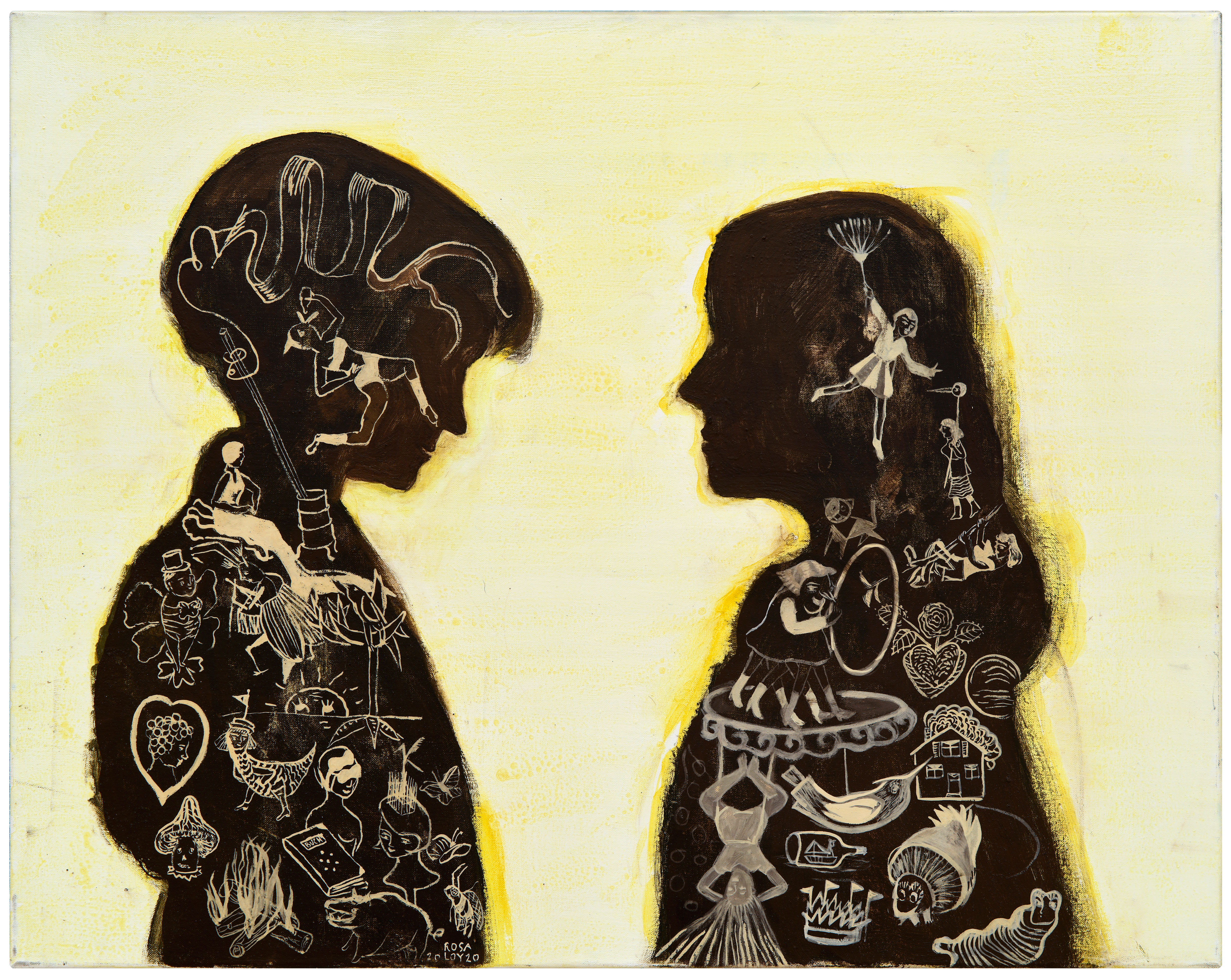 Rosa Loy
Schwestern, 2020
Kasein auf Leinwand
55 × 70 cm 
Privatsammlung
© VG Bild-Kunst, Bonn 2025
Foto: Uwe Walter, Berlin
Courtesy Künstlerin & Galerie Kleindienst, Leipzig