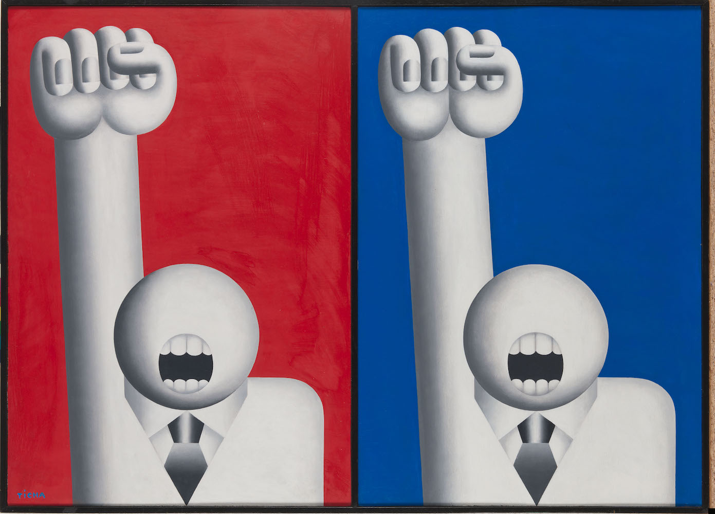 Hans Ticha: Hoch, hoch!, 1983, Öl auf Sperrholz, 78 x 108 cm, Privatbesitz, © Hans Ticha, VG Bild-Kunst, Bonn 2025