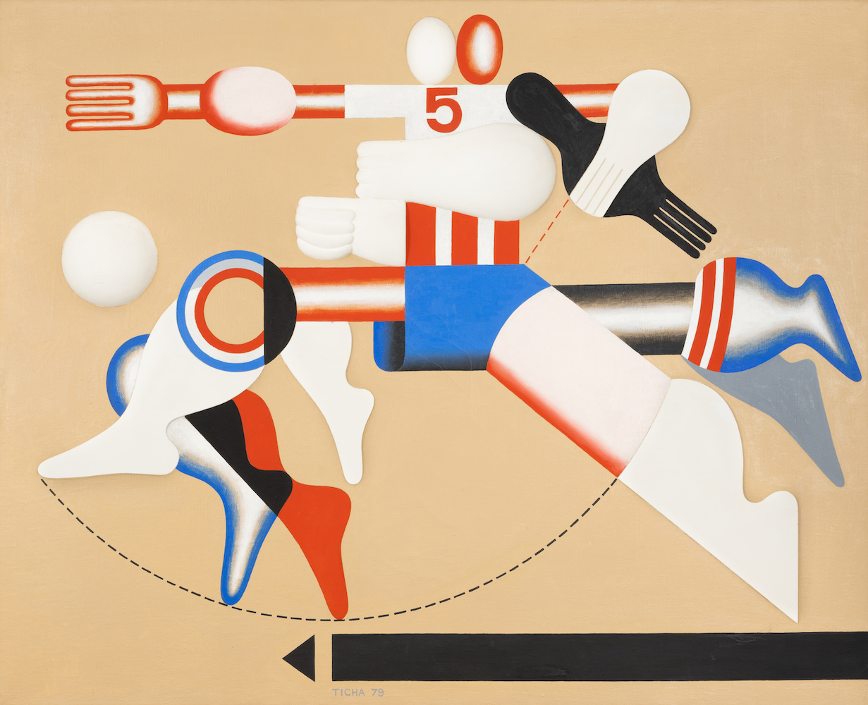 Ticha - Fussballer
1979, Öl Pappe Gips auf Leinwand
100 x 90 cm