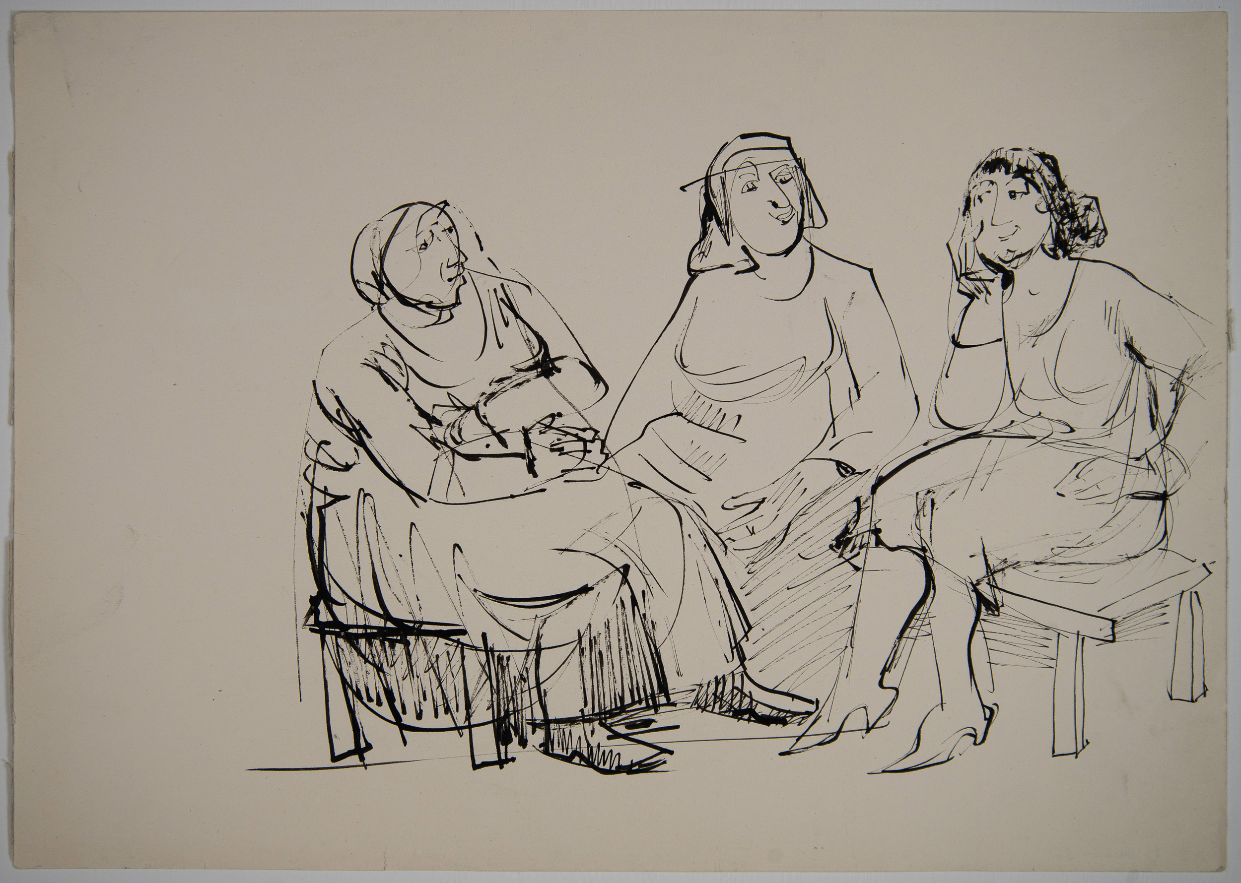 Hedwig Holtz-Sommer
Frauen im Gespräch, o.J.
Tusche, Feder
ca. 20 × 24 cm
Kunsthalle Rostock
© Wolfram Vormelker
Foto: Kunsthalle Rostock