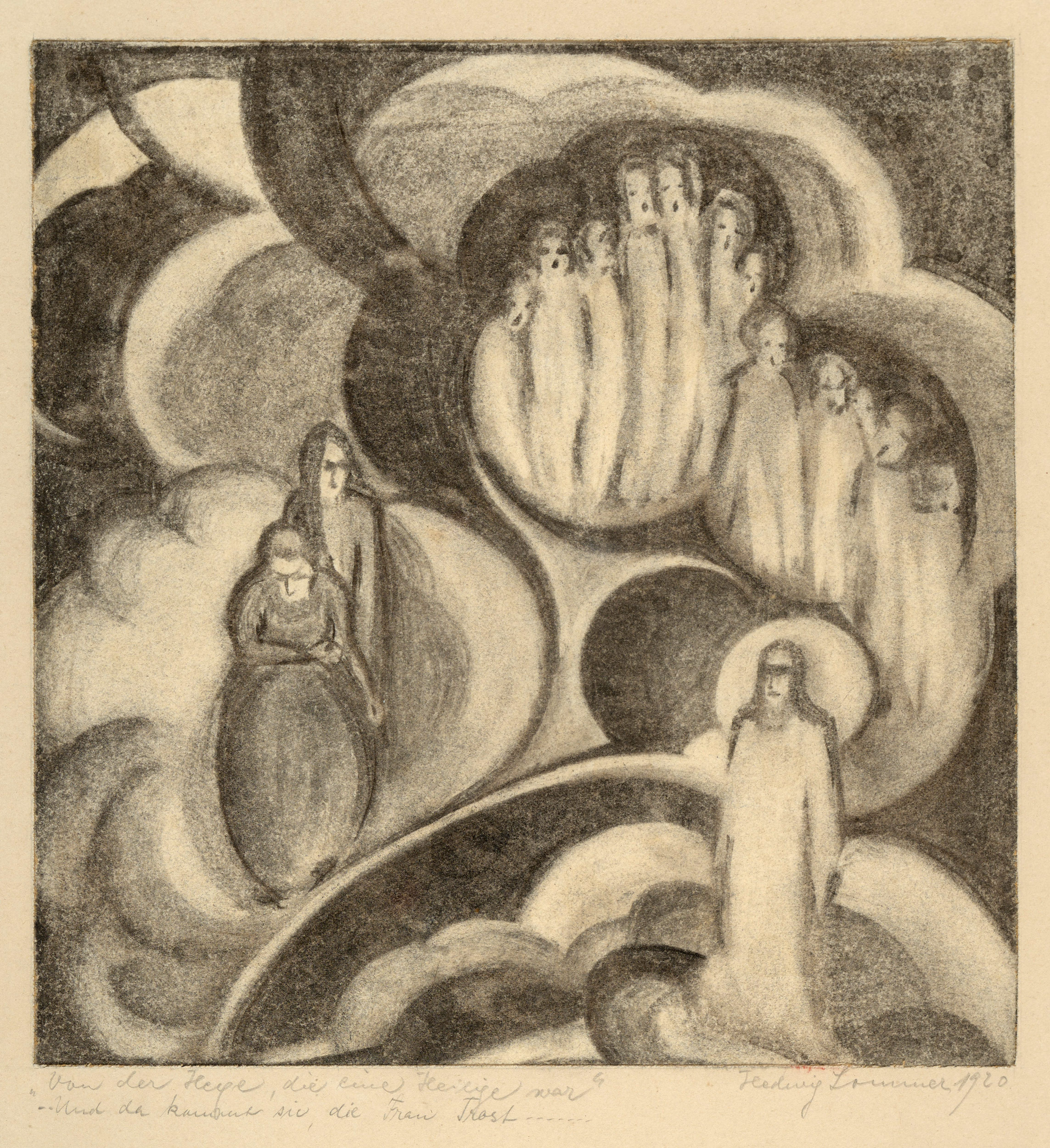 Hedwig Sommer
„Von der Hexe, die eine Heilige war“, 1920
Bleistift auf Papier
40 × 31,5 cm (mit Rahmen)
Privatbesitz
© Wolfram Vormelker
Foto: Thomas Häntzschel