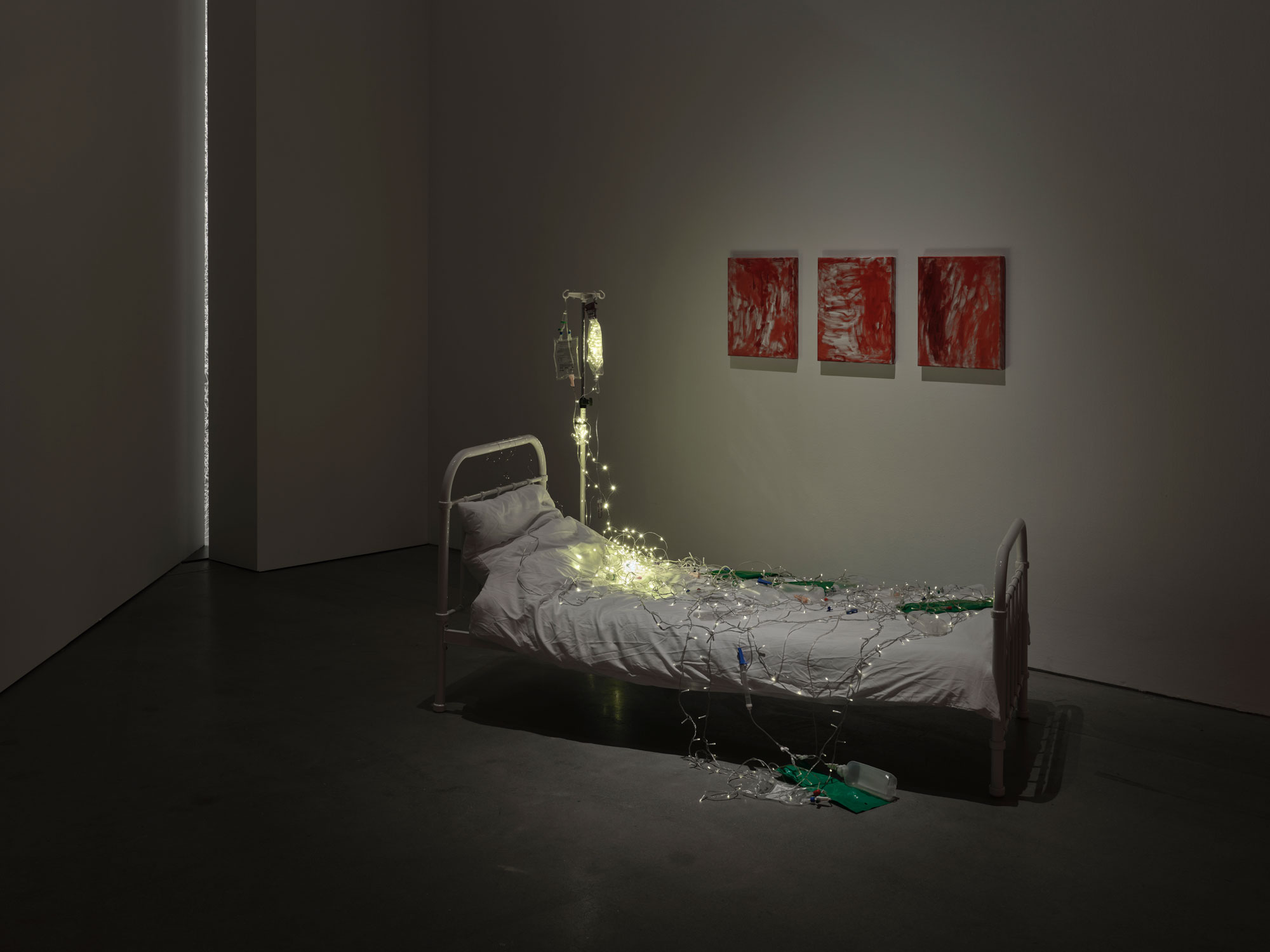 Chiharu Shiota
Light in the Darkness, 2022
Installation: bed, chemotherapy bag, fairy light
ARoS Aarhus Art Museum, Denmark
Photo Anders Sune Berg
© VG Bild-Kunst, Bonn, 2026 and Chiharu Shiota