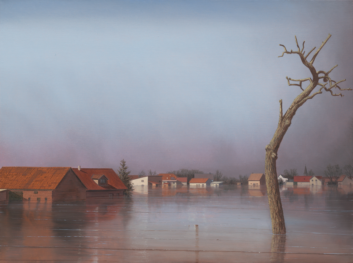 Markus Matthias Krüger, Überschwemmtes Dorf, 
2011, Acryl u. Öl auf Leinwand, 60 x 80 cm, Privatsammlung 
© VG Bild-Kunst, Bonn 2022, Foto: Galerie Schwind, Leipzig