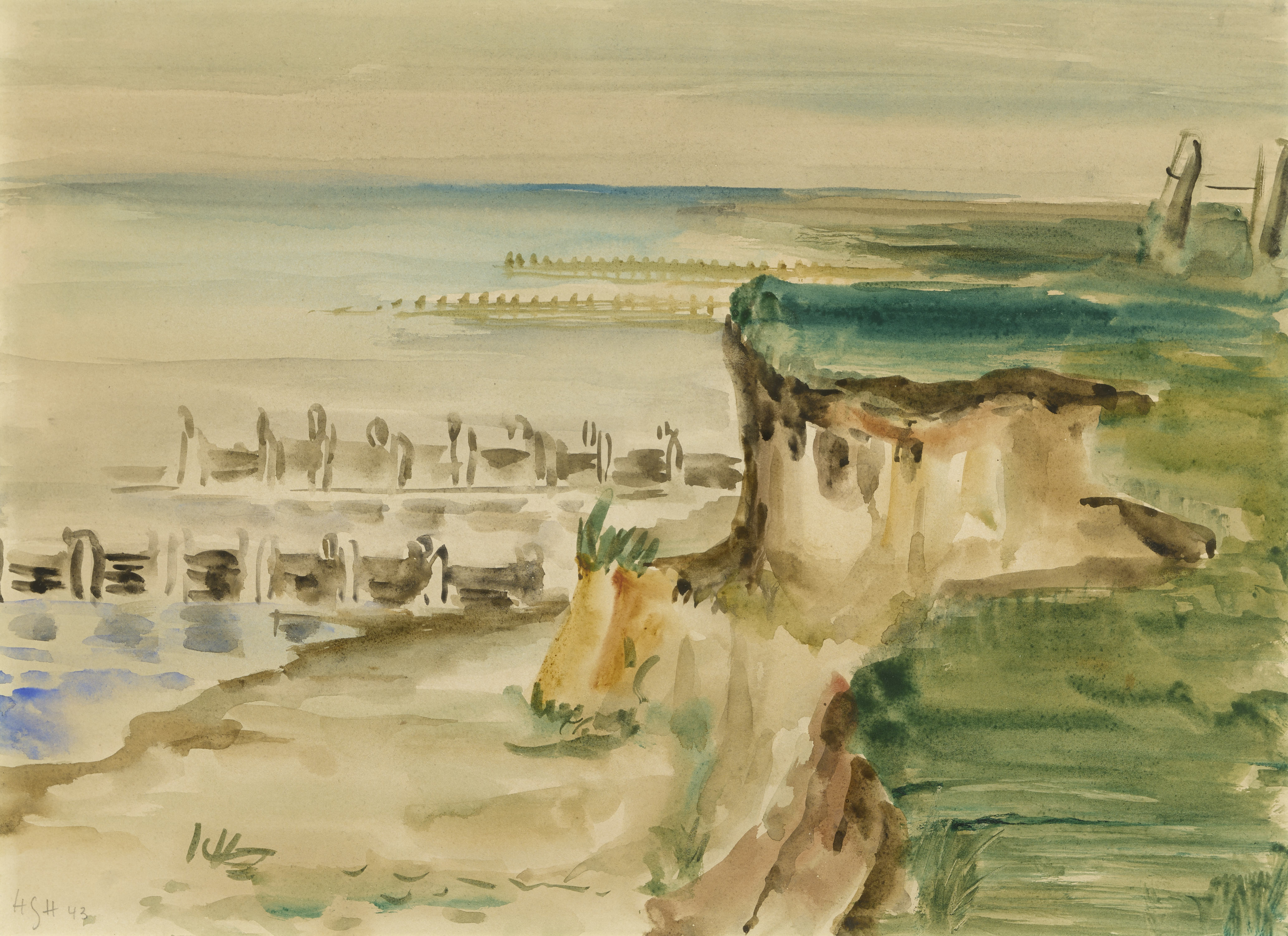 Hedwig Holtz-Sommer
Steilküste, 1943
Aquarell
28 × 40 cm
Privatbesitz
© Wolfram Vormelker
Foto: Thomas Häntzschel